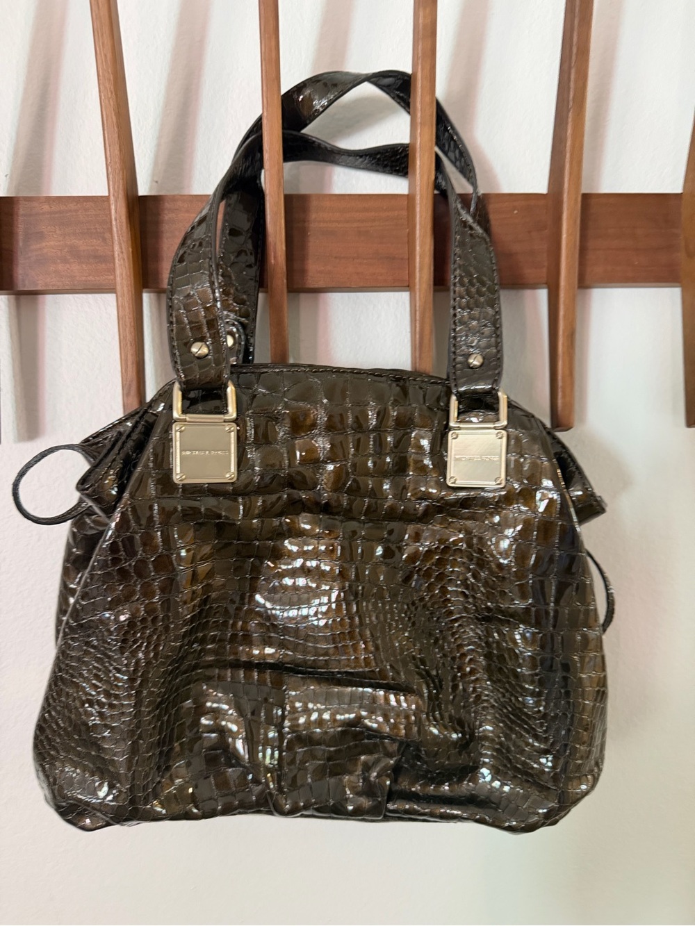 Michael Kors Black Croc-Embossed Patent Shoulder Bag with Gold Hardware